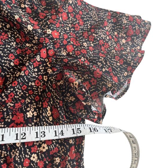 Zara Black Red Floral Print Short Sleeve Mock Neck Midi Dress Size Medium - Picture 7 of 9